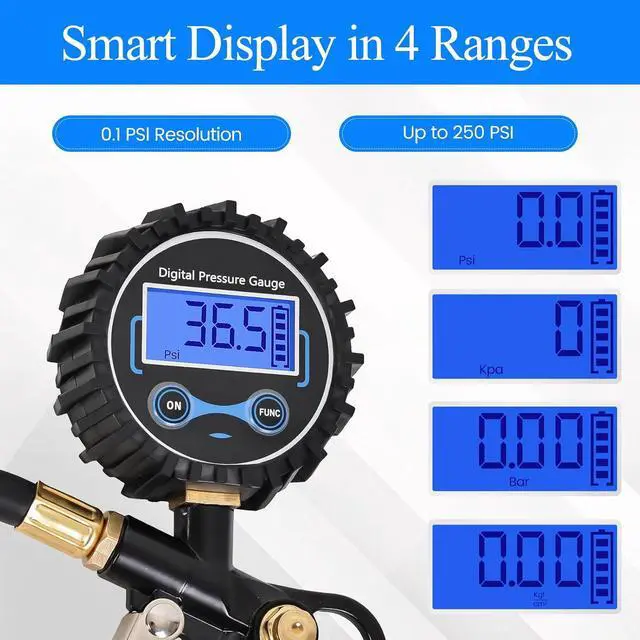 Alt view image 5 of 7 - Digital Tire Pressure Gauge with Inflator 250 PSI, Heavy Duty 360° Air Chuck Air Compressor Attachments, Improved Leaks Protection & Extended Hose Tire Gauge, 0.1 Display Resolution, with Storage Box