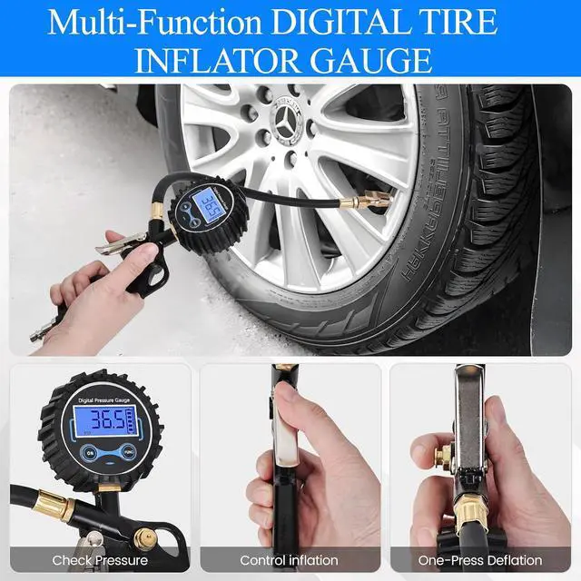 Alt view image 6 of 7 - Digital Tire Pressure Gauge with Inflator 250 PSI, Heavy Duty 360° Air Chuck Air Compressor Attachments, Improved Leaks Protection & Extended Hose Tire Gauge, 0.1 Display Resolution, with Storage Box
