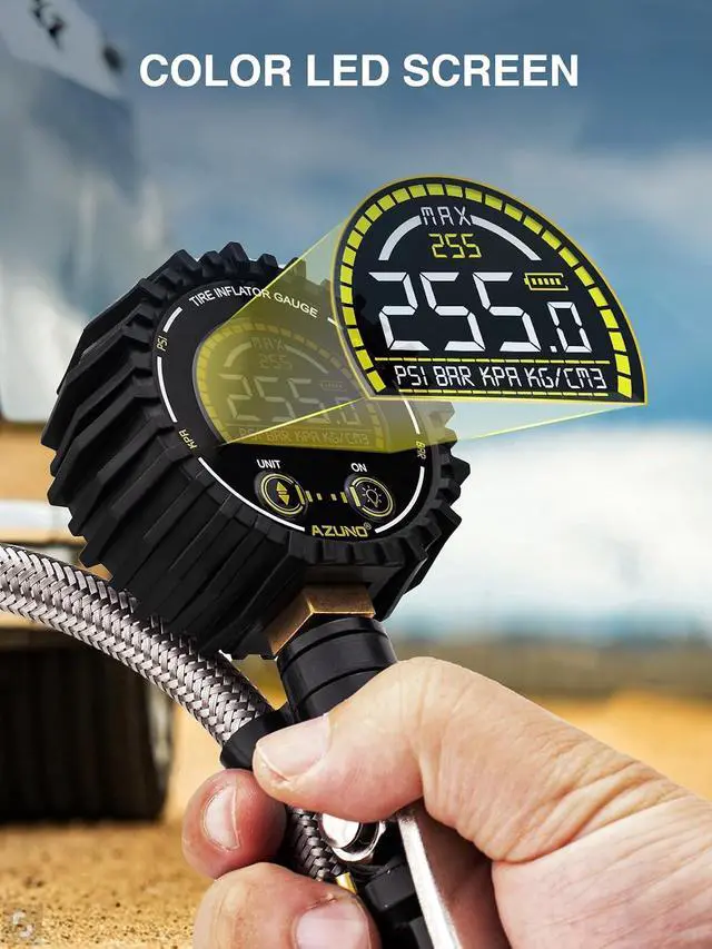 Alt view image 3 of 7 - Digital Tire Inflator Gauge 255 PSI, Heavy Duty Tire Pressure Gauge with Air Chuck, Steel Braided Hose, Quick Connect Coupler & Case for Truck RV Trailer