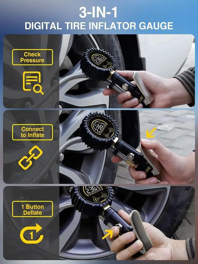Alt view image 4 of 7 - Digital Tire Inflator Gauge 255 PSI, Heavy Duty Tire Pressure Gauge with Air Chuck, Steel Braided Hose, Quick Connect Coupler & Case for Truck RV Trailer