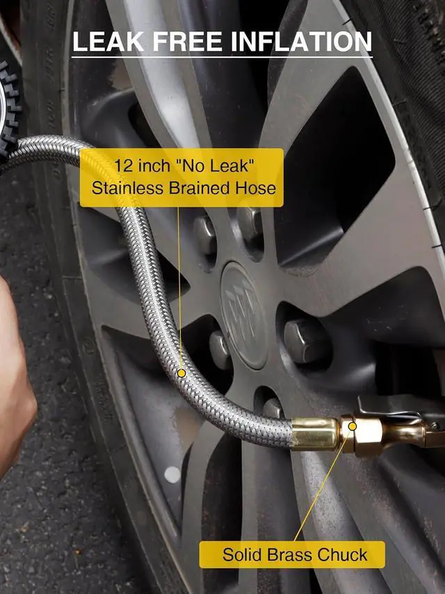 Alt view image 5 of 7 - Digital Tire Inflator Gauge 255 PSI, Heavy Duty Tire Pressure Gauge with Air Chuck, Steel Braided Hose, Quick Connect Coupler & Case for Truck RV Trailer