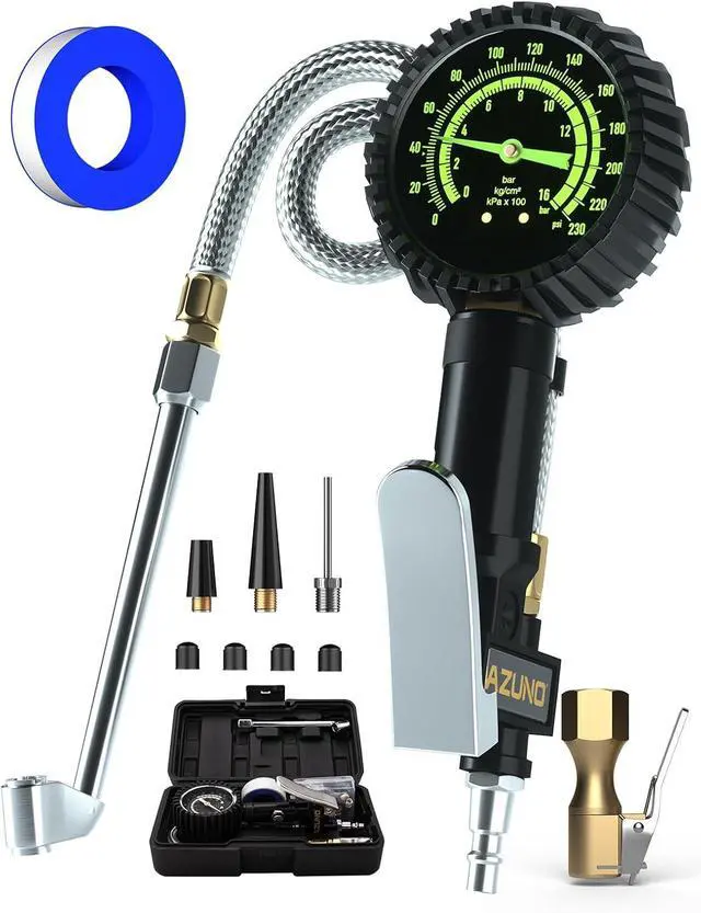 Main image of Heavy Duty Tire Pressure Gauge, Tire Inflator Gauge 230PSI Air Chuck Air Compressor Attachments, with Steel Braided Hose, Large 2.6" Glow Dial & Quick Connect Coupler, for Truck/Car/SUV/RV/Bike