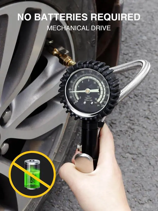 Alt view image 2 of 7 - Heavy Duty Tire Pressure Gauge, Tire Inflator Gauge 230PSI Air Chuck Air Compressor Attachments, with Steel Braided Hose, Large 2.6" Glow Dial & Quick Connect Coupler, for Truck/Car/SUV/RV/Bike