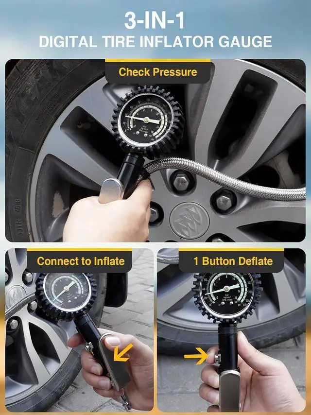 Alt view image 3 of 7 - Heavy Duty Tire Pressure Gauge, Tire Inflator Gauge 230PSI Air Chuck Air Compressor Attachments, with Steel Braided Hose, Large 2.6" Glow Dial & Quick Connect Coupler, for Truck/Car/SUV/RV/Bike