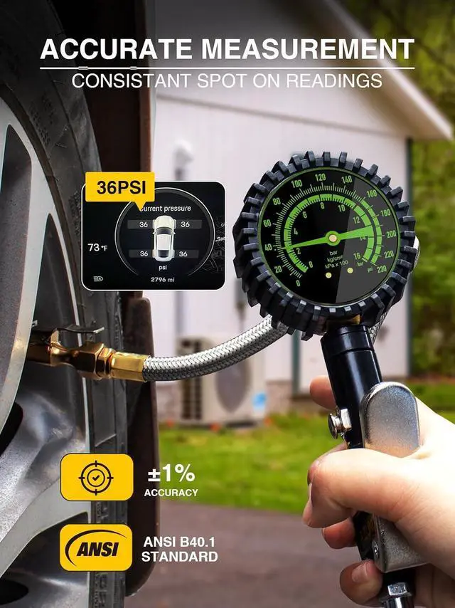 Alt view image 4 of 7 - Heavy Duty Tire Pressure Gauge, Tire Inflator Gauge 230PSI Air Chuck Air Compressor Attachments, with Steel Braided Hose, Large 2.6" Glow Dial & Quick Connect Coupler, for Truck/Car/SUV/RV/Bike