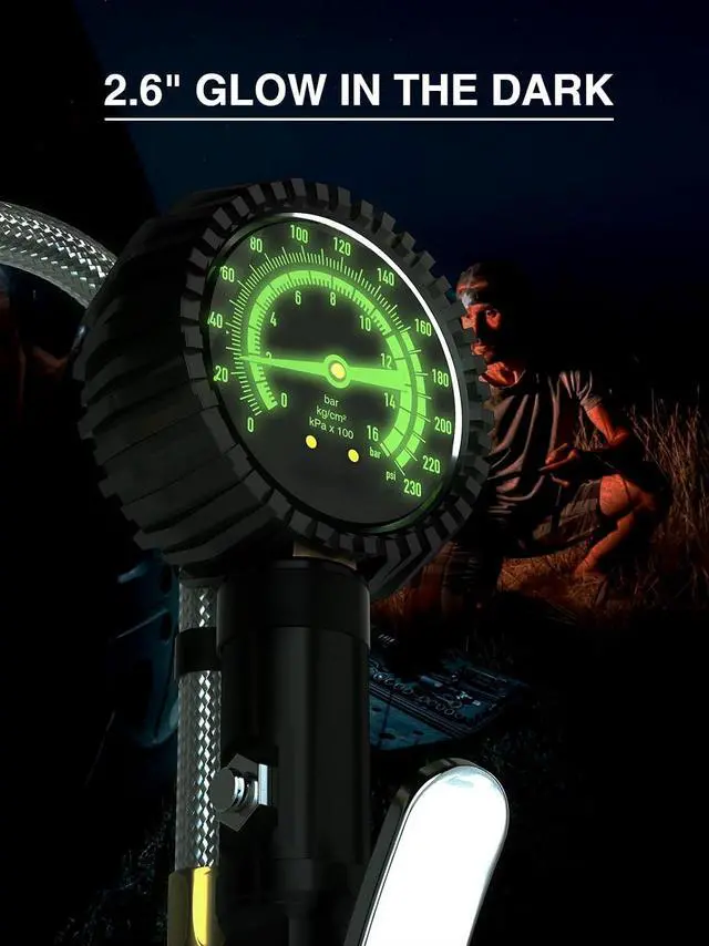 Alt view image 5 of 7 - Heavy Duty Tire Pressure Gauge, Tire Inflator Gauge 230PSI Air Chuck Air Compressor Attachments, with Steel Braided Hose, Large 2.6" Glow Dial & Quick Connect Coupler, for Truck/Car/SUV/RV/Bike