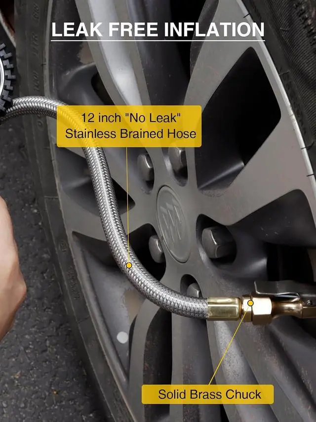 Alt view image 6 of 7 - Heavy Duty Tire Pressure Gauge, Tire Inflator Gauge 230PSI Air Chuck Air Compressor Attachments, with Steel Braided Hose, Large 2.6" Glow Dial & Quick Connect Coupler, for Truck/Car/SUV/RV/Bike