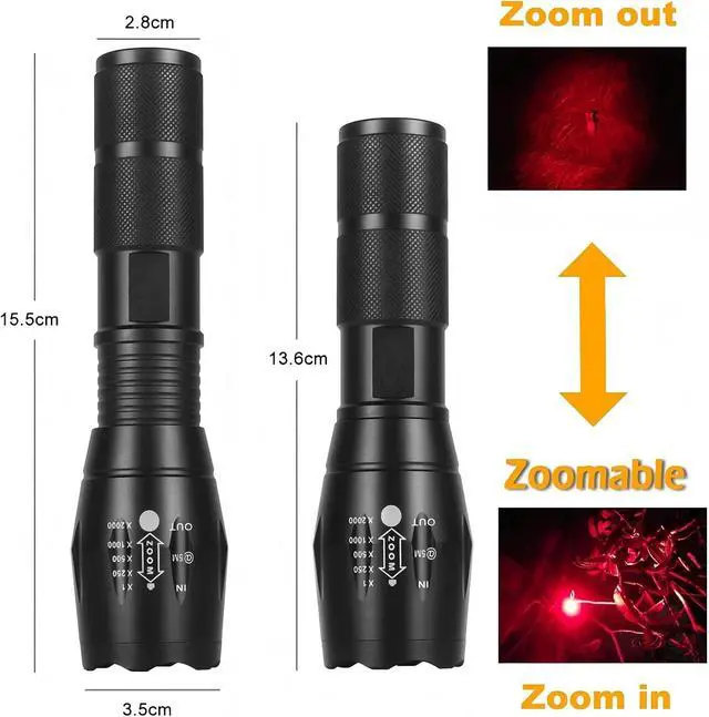 Alt view image 3 of 7 - 350 Yard Red Light Predator Light Zoomable Long Range Night Hunting Coyote Varmint Light Tactical Hunting Led Flashlight with Pressure Switch, Picatinny & Scope Mounts, Charger Included