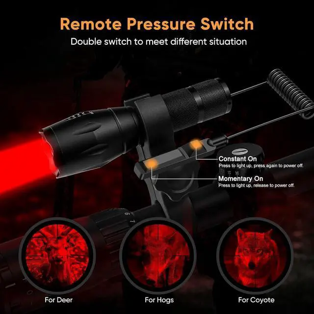 Alt view image 5 of 7 - 350 Yard Red Light Predator Light Zoomable Long Range Night Hunting Coyote Varmint Light Tactical Hunting Led Flashlight with Pressure Switch, Picatinny & Scope Mounts, Charger Included