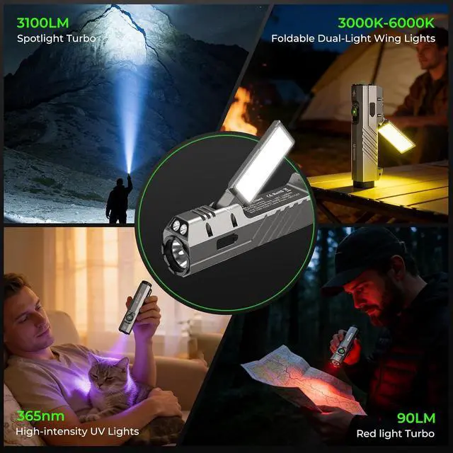 Alt view image 4 of 7 - HD05 Flat EDC Flashlight, 3100 Lumens 4-in-1 LED Rechargeable Flashlight with UV, Red Light & Foldable Rotatable Side Light, USB-C High Lumens Flashlights, IPX6 for Camping,Outdoor,Work