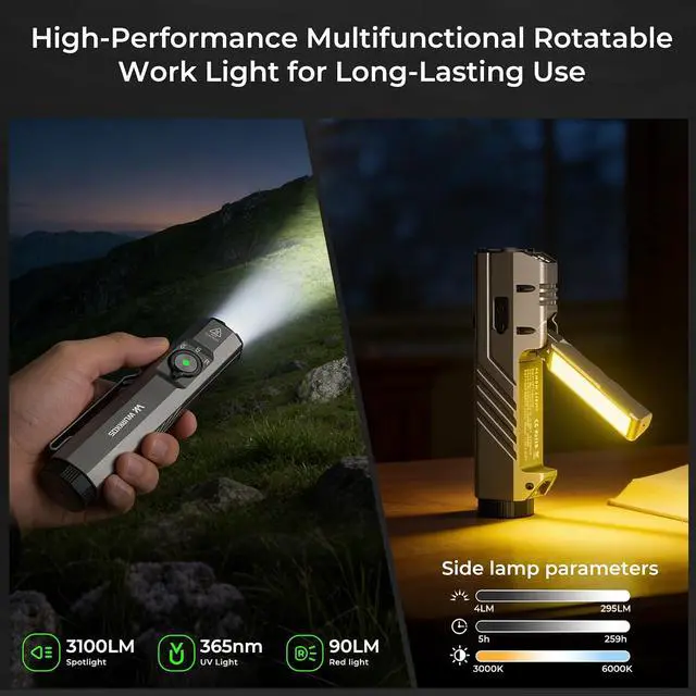 Alt view image 3 of 7 - HD05 Flat EDC Flashlight, 3100 Lumens 4-in-1 LED Rechargeable Flashlight with UV, Red Light & Foldable Rotatable Side Light, USB-C High Lumens Flashlights, IPX6 for Camping,Outdoor,Work