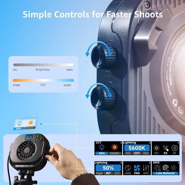 Alt view image 4 of 7 - amaran Halo 100x Portable Video Light,100W Bi-Color COB Light | CRI 96+, TLCI 97+ APP Control 2,700K-6,500K Bowens Mount LED Studio Lighting for YouTube Vlog Recording Photography Light