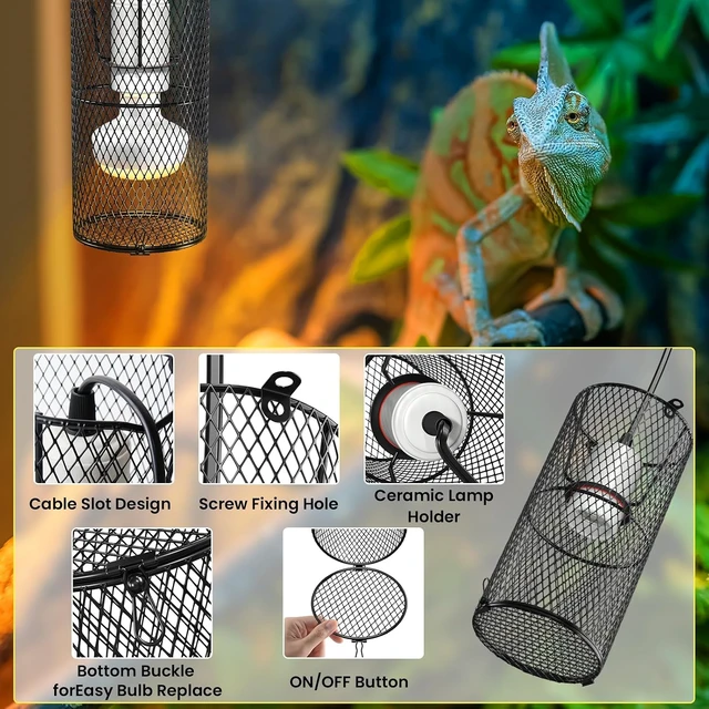 Alt view image 2 of 6 - 2-Pack Reptile Heat Lamp Guard with 150W E26 Ceramic Holder & Anti-Scald Mesh Cage, On/Off Button
