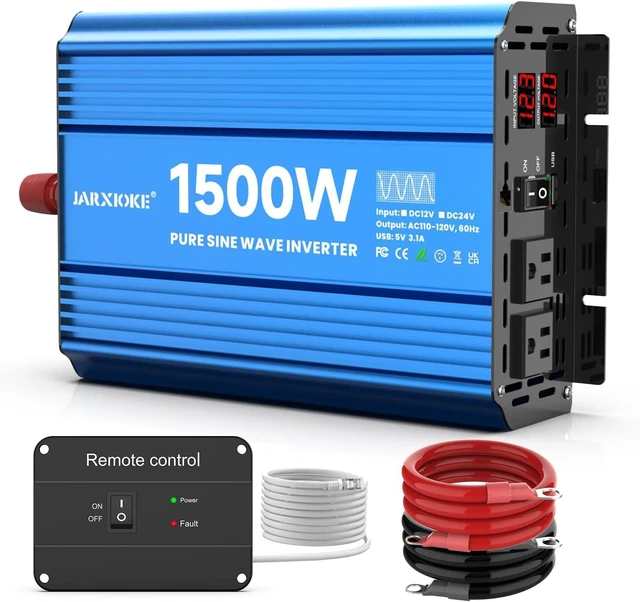 Main image of 1500W Pure Sine Wave Power Inverter, 12V DC to 120V AC, with 2 AC Outlets, USB Port, LCD & Remote Control