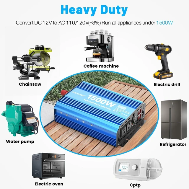 Alt view image 4 of 7 - 1500W Pure Sine Wave Power Inverter, 12V DC to 120V AC, with 2 AC Outlets, USB Port, LCD & Remote Control