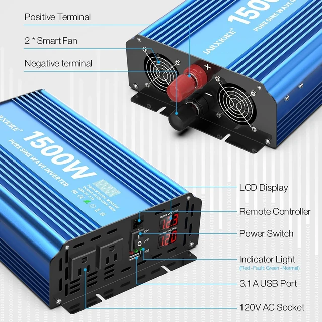 Alt view image 5 of 7 - 1500W Pure Sine Wave Power Inverter, 12V DC to 120V AC, with 2 AC Outlets, USB Port, LCD & Remote Control
