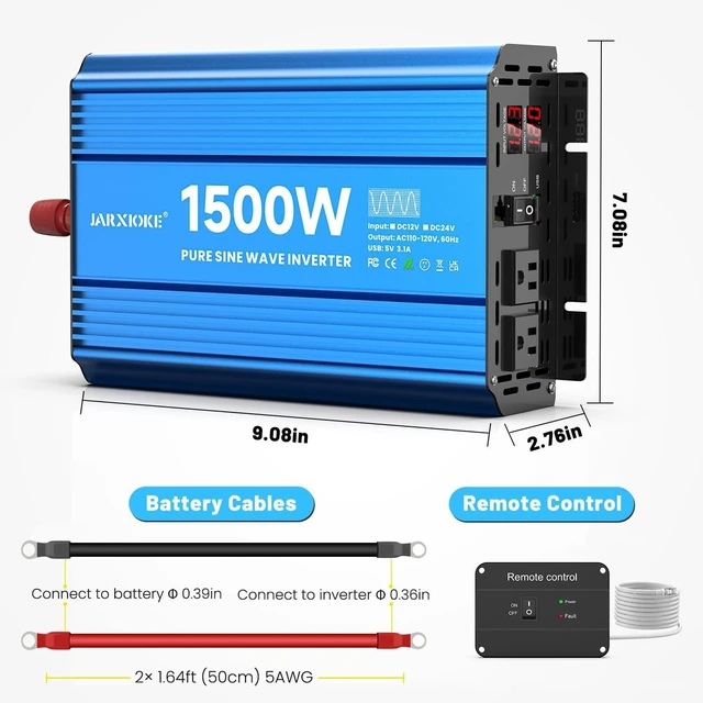Alt view image 7 of 7 - 1500W Pure Sine Wave Power Inverter, 12V DC to 120V AC, with 2 AC Outlets, USB Port, LCD & Remote Control