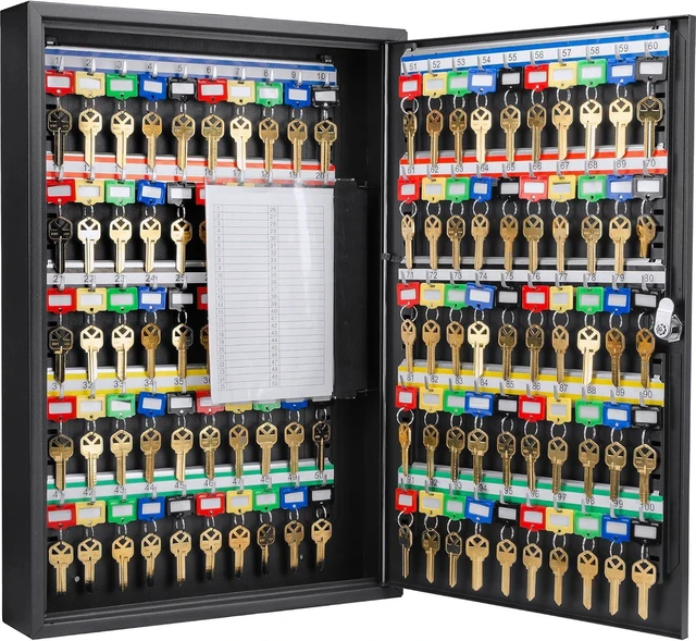 Main image of 100-Position Solid Steel Key Cabinet with Numbered Hooks, Color Tags & Index Chart, Wall-Mount, Black