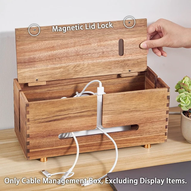 Alt view image 3 of 6 - Acacia Wood Cable Management Box with 4 Metal Feet, Cord Hider for Desk & Floor, Office & Home