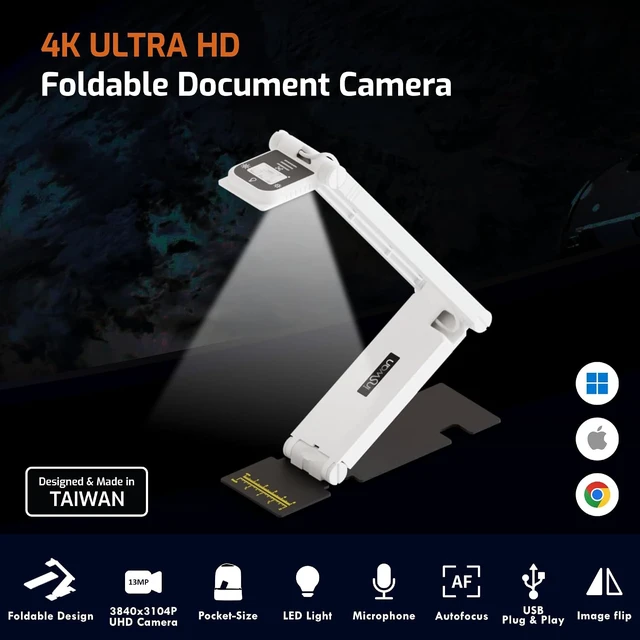 Alt view image 2 of 7 - INS-Flip 4 Foldable 4K 13MP Document Camera with LED & Mic, 0.67 lbs