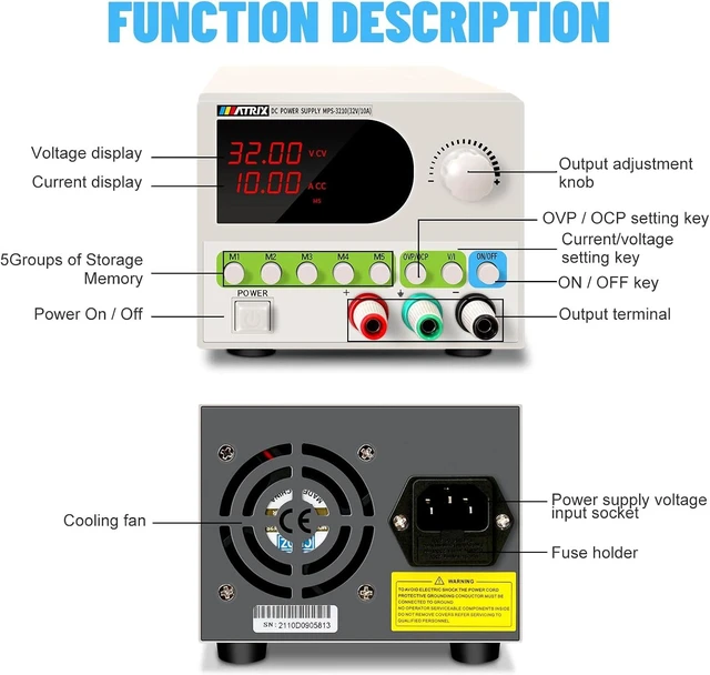 Alt view image 5 of 6 - 32V 10A Switching DC Power Supply with On/Off Button, MPS-3210