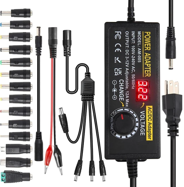 Main image of 3-12V 12A Universal Adjustable Power Supply, 144W AC/DC with 14 Tips & Splitter Cable