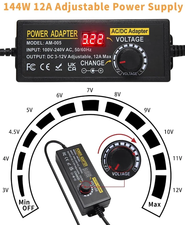 Alt view image 2 of 7 - 3-12V 12A Universal Adjustable Power Supply, 144W AC/DC with 14 Tips & Splitter Cable