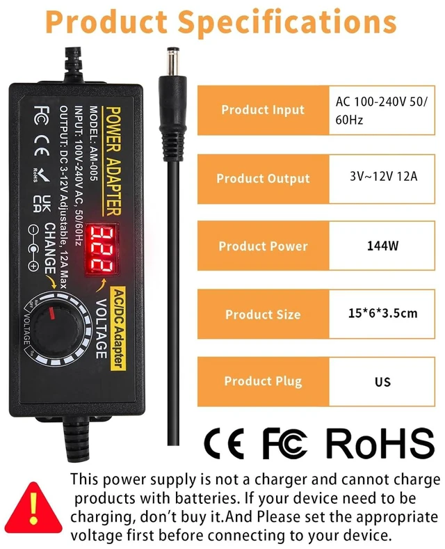 Alt view image 3 of 7 - 3-12V 12A Universal Adjustable Power Supply, 144W AC/DC with 14 Tips & Splitter Cable
