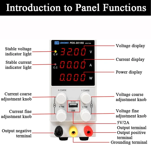 Alt view image 2 of 7 - 30V 10A Variable DC Power Supply with Encoder Coarse/Fine Knobs & USB 5V Charging