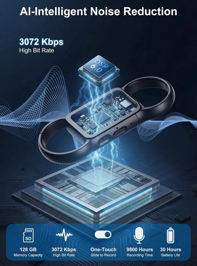 Alt view image 2 of 7 - 128GB Voice Activated Recorder with AI Noise Reduction, 9800 Hours