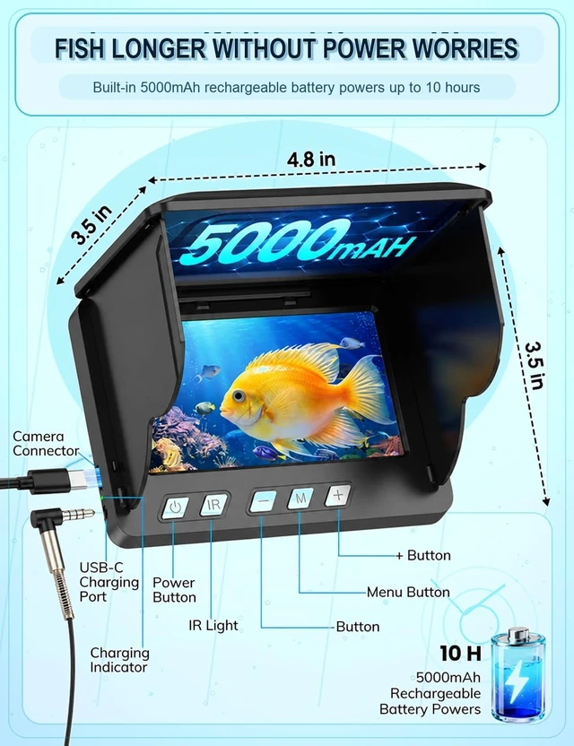 Alt view image 5 of 7 - Underwater Fishing Camera with 4.3" LCD, 12 IR LEDs & 200° Wide, IP68 Waterproof, 50ft Cable & 5000mAh Battery