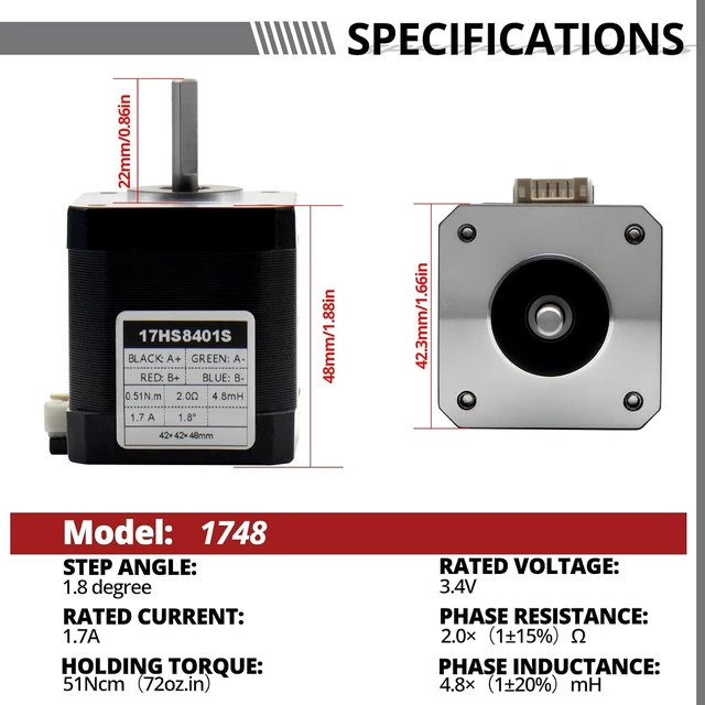 Alt view image 2 of 6 - 3-Pack Nema 17 Bipolar Stepper Motor, 1.7A, 48mm Body