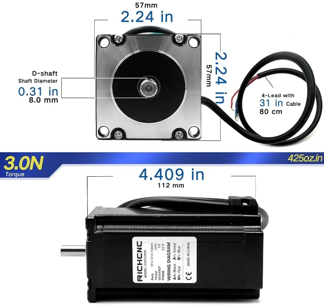 Alt view image 2 of 7 - High Torque Nema 23 CNC Stepper Motor, 425oz.in / 3.00Nm, Bipolar 4.0A for Mill & Lathe