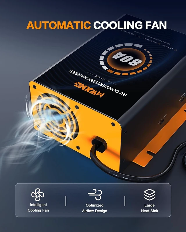 Alt view image 7 of 7 - 80 Amp RV Power Converter, 120V AC to 12V DC with Smart Charging Modes, 13V-16.5V Adjustable for Lithium & Lead Acid