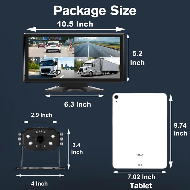 Alt view image 3 of 7 - 10.36" Wired Backup Camera System with 4 HD 1080P Cameras for Truck & RV