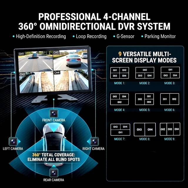 Alt view image 3 of 7 - 1080P 4-Channel Dash Cam with 9" HD Screen & 4 AHD Waterproof Cameras, BSD Blind Spot Detection for RV