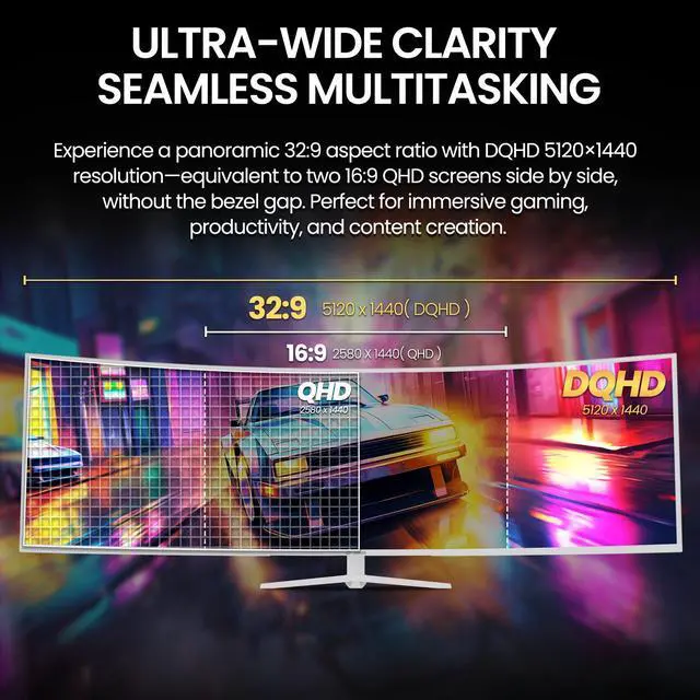 Alt view image 6 of 7 - CRUA 49" White Curved Monitor | DQHD(5120 * 1440), 120Hz, 1500R, 32:9, AMD FreeSync, 120% sRGB, Height Adjustable Ultra-Wide Screen Computer Monitors, HDMI 2.1 & DP 1.4, Wall Mount Install