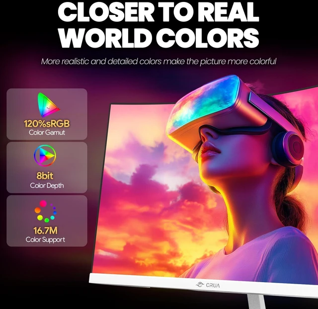 Alt view image 3 of 6 - CRUA 24" Curved Gaming Monitor, 165Hz/200Hz Computer Monitor, FHD 1920x1080, 120% sRGB, AMD FreeSync, Blue Light Filter, for Gaming & Office, Wall Mountable- White