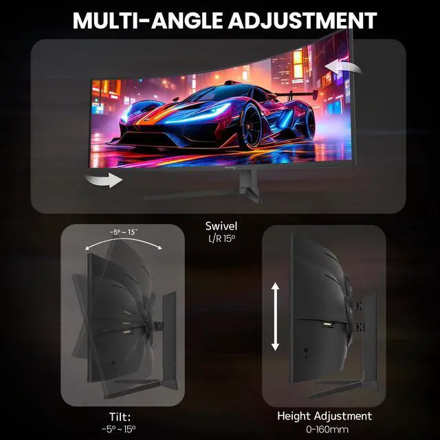 Alt view image 4 of 7 - CRUA 49" Curved Gaming Monitor | DQHD(5120*1440), 165Hz, 1500R, 32:9, AMD FreeSync, 120% sRGB, Height Adjustable Ultra-Wide Screen Monitors, HDMI 2.1 & DP 1.4, Wall Mount Install- Black
