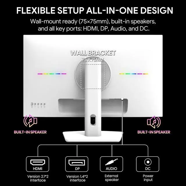 Alt view image 6 of 7 - CRUA 27 Inch Gaming Monitor 360HZ, 2K QHD 2560x1440 IPS Panel White Computer Monitors with Built in Speakers, Support AMD FreeSync, 120% sRGB, Blue Light Filter, DP1.4 & HDMI2.1, Wall Mountable