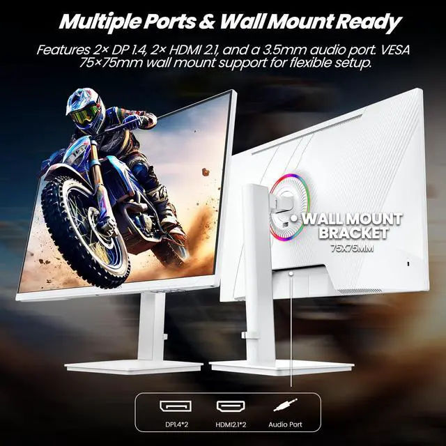 Alt view image 6 of 7 - CRUA 27 4K UHD Gaming Monitor 144Hz IPS Panel, 120% sRGB Wide Color, FreeSync, Height/Pivot/Rotate/Tilt Adjustable, Eye-Care Blue Light Filter, Built-in Speakers, HDMI & DP, VESA Mount ReadyWhite
