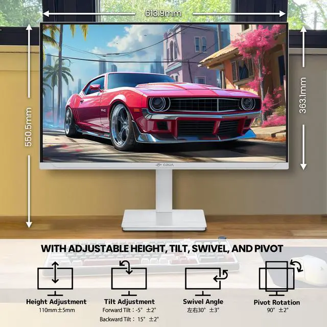 Alt view image 7 of 7 - CRUA 27 4K UHD Gaming Monitor 144Hz IPS Panel, 120% sRGB Wide Color, FreeSync, Height/Pivot/Rotate/Tilt Adjustable, Eye-Care Blue Light Filter, Built-in Speakers, HDMI & DP, VESA Mount ReadyWhite