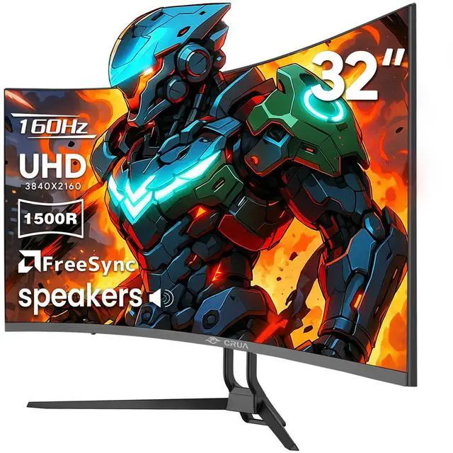 Main image of CRUA 32" Curved Gaming Monitor, 4k UHD(3840 * 2160P) VA Screen, 1500R, 144Hz/160Hz Computer Moniter, Supports AMD Freesync, 120% sRGB, Built-in Speakers, Wall Mountable Installs(HDMI 2.1/DP 1.4)-Black