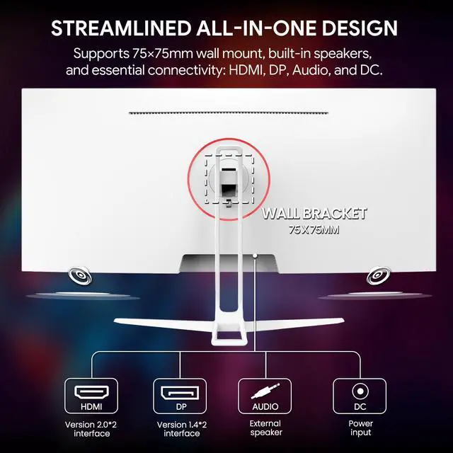 Alt view image 6 of 7 - CRUA 34'' White Gaming Monitor, 165HZ/144HZ, WQHD(3440x1440P) IPS UltraWide Screen Computer Monitors with Built-in Speakers, Supports FreeSync, 120%sRGB, HDMI 2.0 & DP 1.4, Wall Mountable Installs