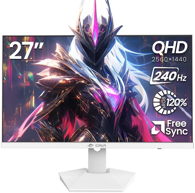 Main image of CRUA 27" 240Hz Gaming Monitor, 2k QHD(2560 * 1440P) IPS Screen Computer Monitor, Supports AMD Freesync, 120% sRGB, Blue Light Filter, Built-in Speakers, Wall Mountable Installs(HDMI 2.0/DP 1.4)-White