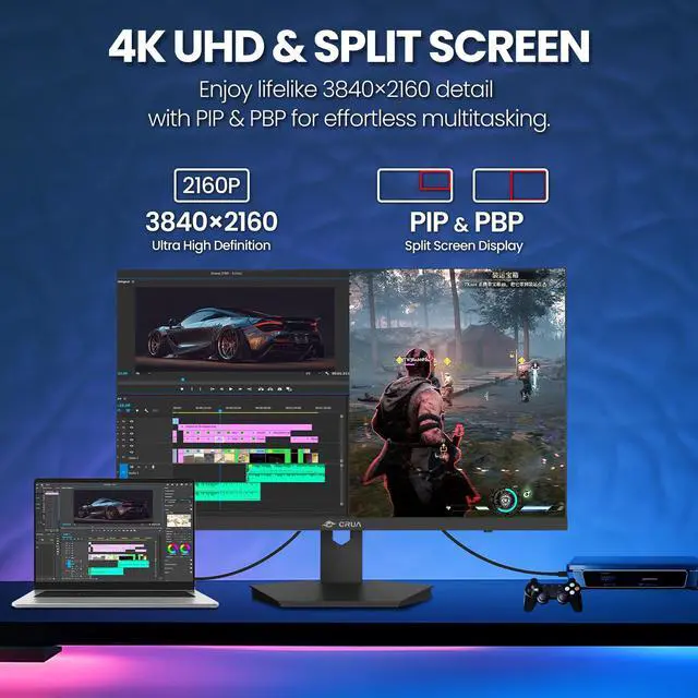 Alt view image 5 of 7 - CRUA 27 4K Gaming Monitor, UHD 3840x2160 160Hz IPS Screen, Height/Pivot/Swivel/Tilt Adjustable Vertical Monitor, Support AMD FreeSync, Built-in Speakers, 120% sRGB, PIP/PBP, HDMI 2.1 & DP 1.4-Black