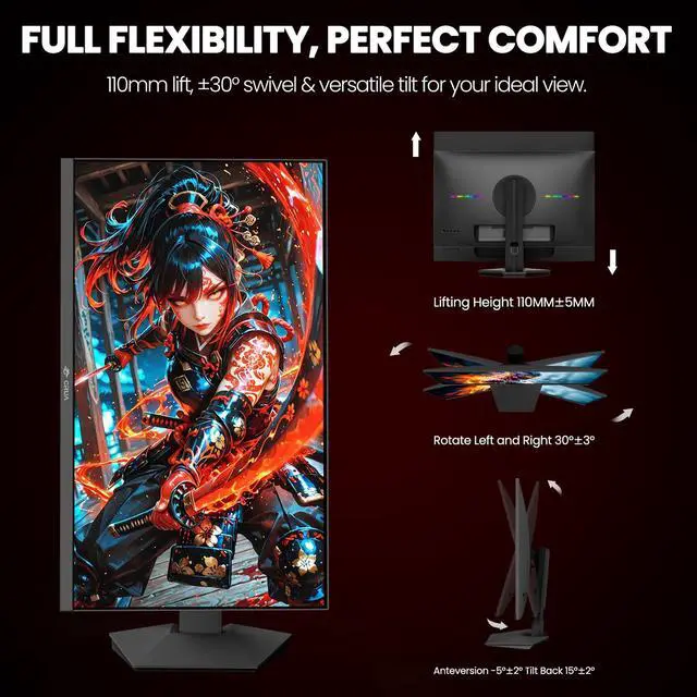 Alt view image 6 of 7 - CRUA 27 4K Gaming Monitor, UHD 3840x2160 160Hz IPS Screen, Height/Pivot/Swivel/Tilt Adjustable Vertical Monitor, Support AMD FreeSync, Built-in Speakers, 120% sRGB, PIP/PBP, HDMI 2.1 & DP 1.4-Black