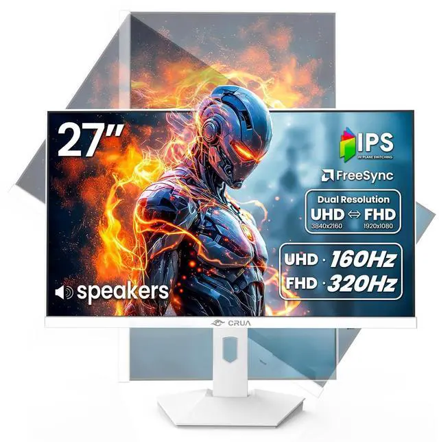 Main image of CRUA 27 Gaming Monitor, IPS UHD 3840x2160 4K 160Hz / FHD 320Hz Dual Mode White Computer Monitor, Rotating/Pivot & Height-Adjustable, AMD FreeSync, Built-in Speakers, PIP/PBP, HDMI 2.1 & DP 1.4