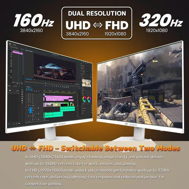 Alt view image 4 of 7 - CRUA 27 Gaming Monitor, IPS UHD 3840x2160 4K 160Hz / FHD 320Hz Dual Mode White Computer Monitor, Rotating/Pivot & Height-Adjustable, AMD FreeSync, Built-in Speakers, PIP/PBP, HDMI 2.1 & DP 1.4