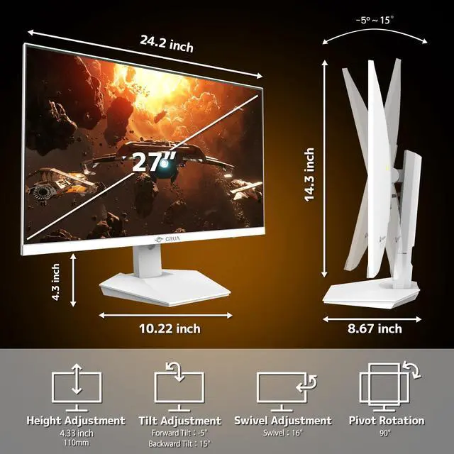 Alt view image 5 of 7 - CRUA 27 Gaming Monitor, IPS UHD 3840x2160 4K 160Hz / FHD 320Hz Dual Mode White Computer Monitor, Rotating/Pivot & Height-Adjustable, AMD FreeSync, Built-in Speakers, PIP/PBP, HDMI 2.1 & DP 1.4